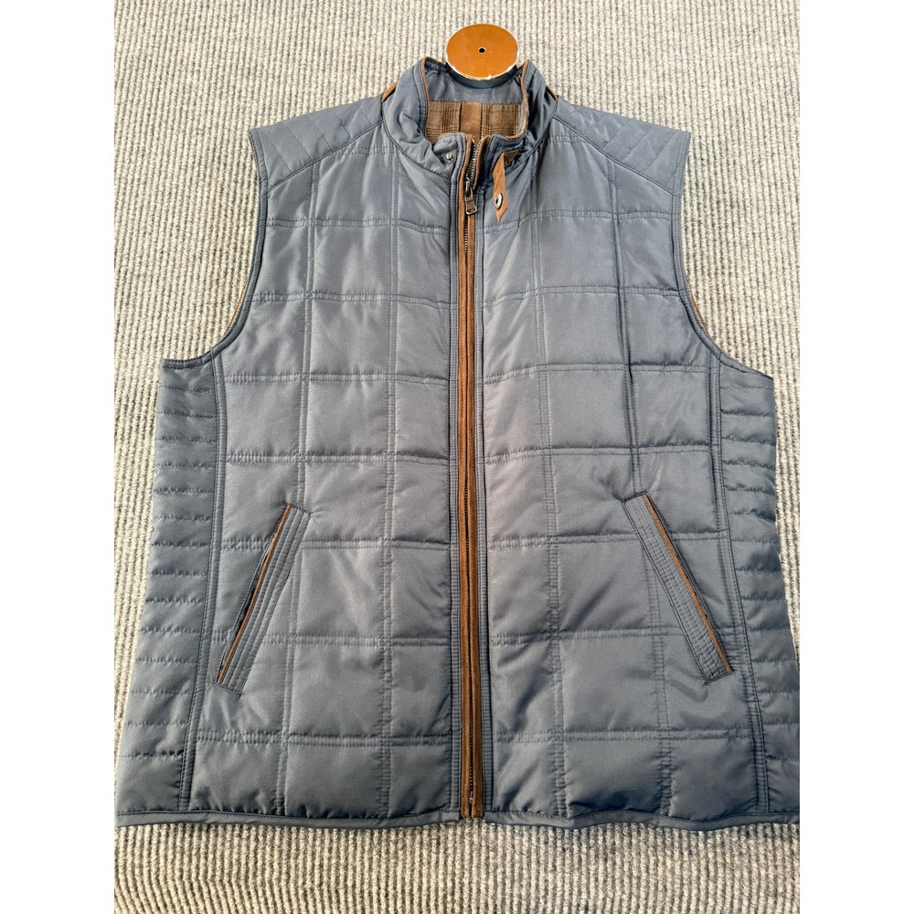 Jos A Bank Quilted Puffer Vest Mens Large Regular Navy Blue Brown Plaid Trim